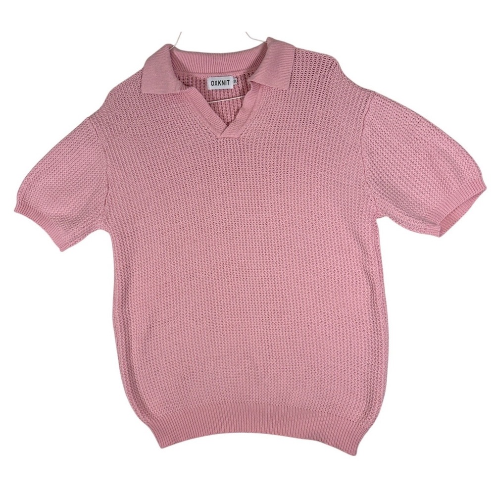 OXKNIT Mens Pink Knit Polo Shirt Short Sleeve 100% Cotton Textured Sweater 3XL